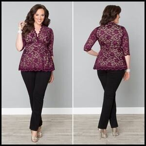 Kiyonna Top Linden Lace Style Purple Beige Lining 1X Empire Waistline Feminine